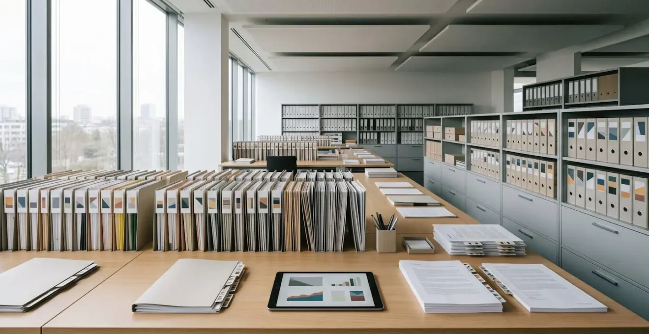 Documents professionnels organisés sur un bureau avec système d'archivage méthodique
