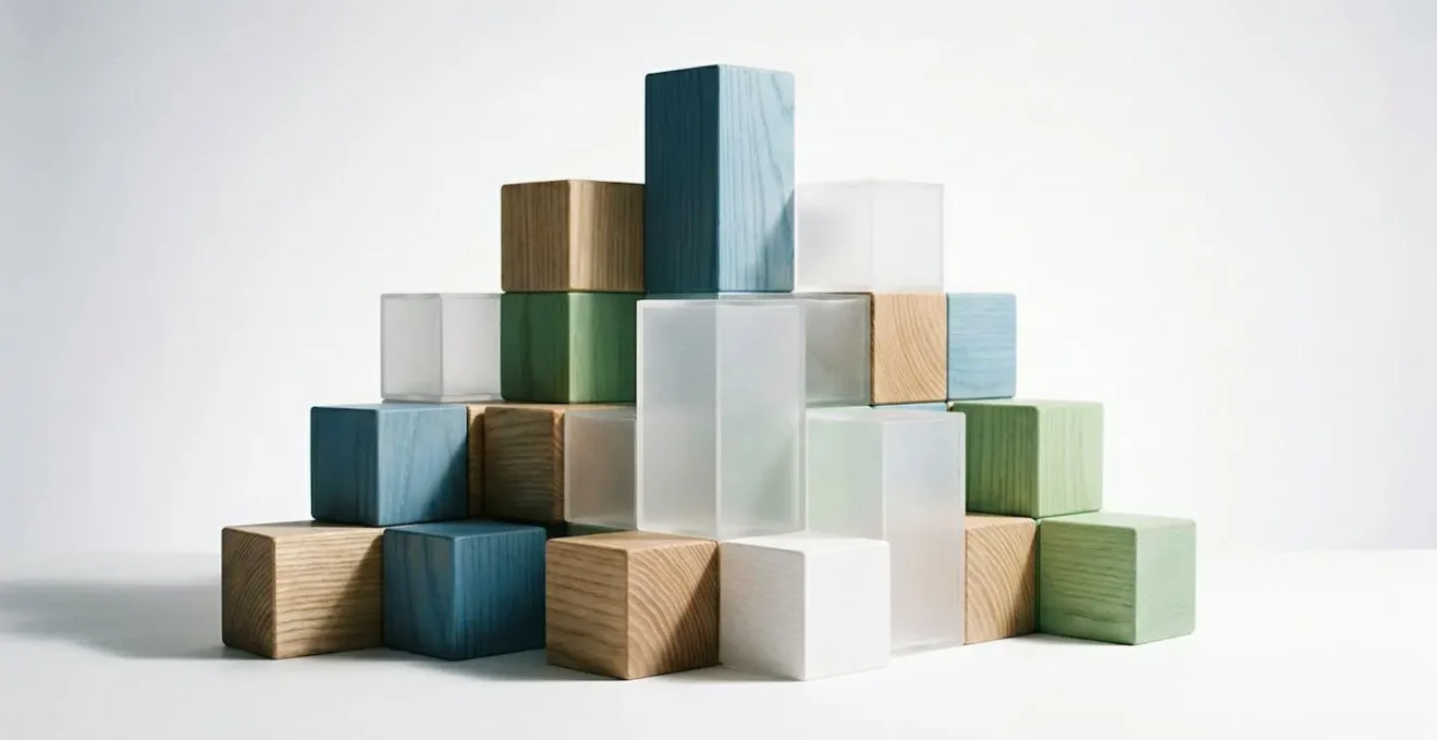 Composition abstraite de modules géométriques empilables symbolisant la personnalisation des garanties santé