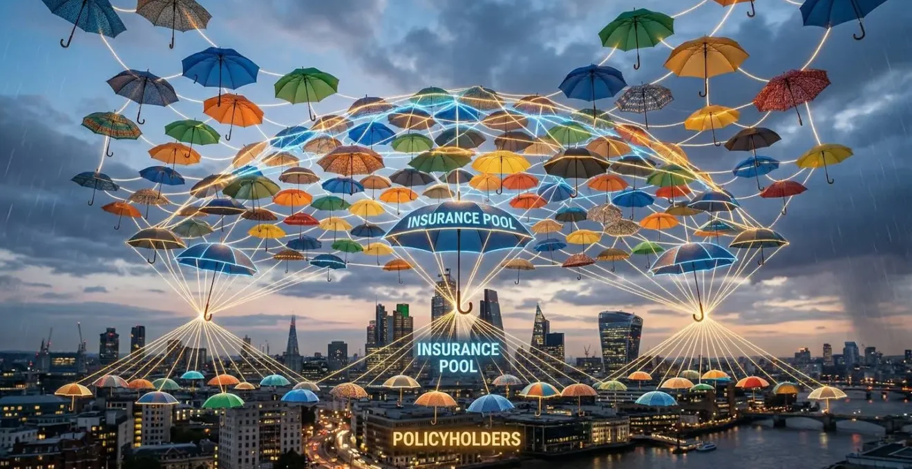 Réseau de parapluies interconnectés représentant la mutualisation des risques en assurance