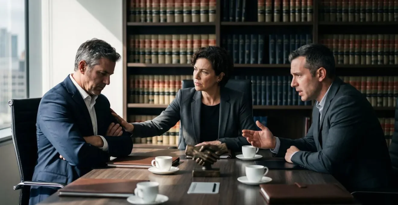 Négociation professionnelle entre avocat et parties autour d'une table de réunion