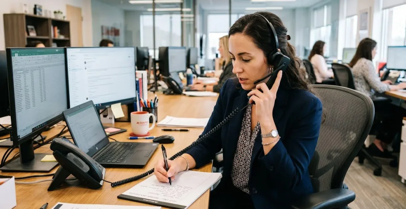 Professionnel au téléphone prenant des notes lors d'un appel test avec un assureur