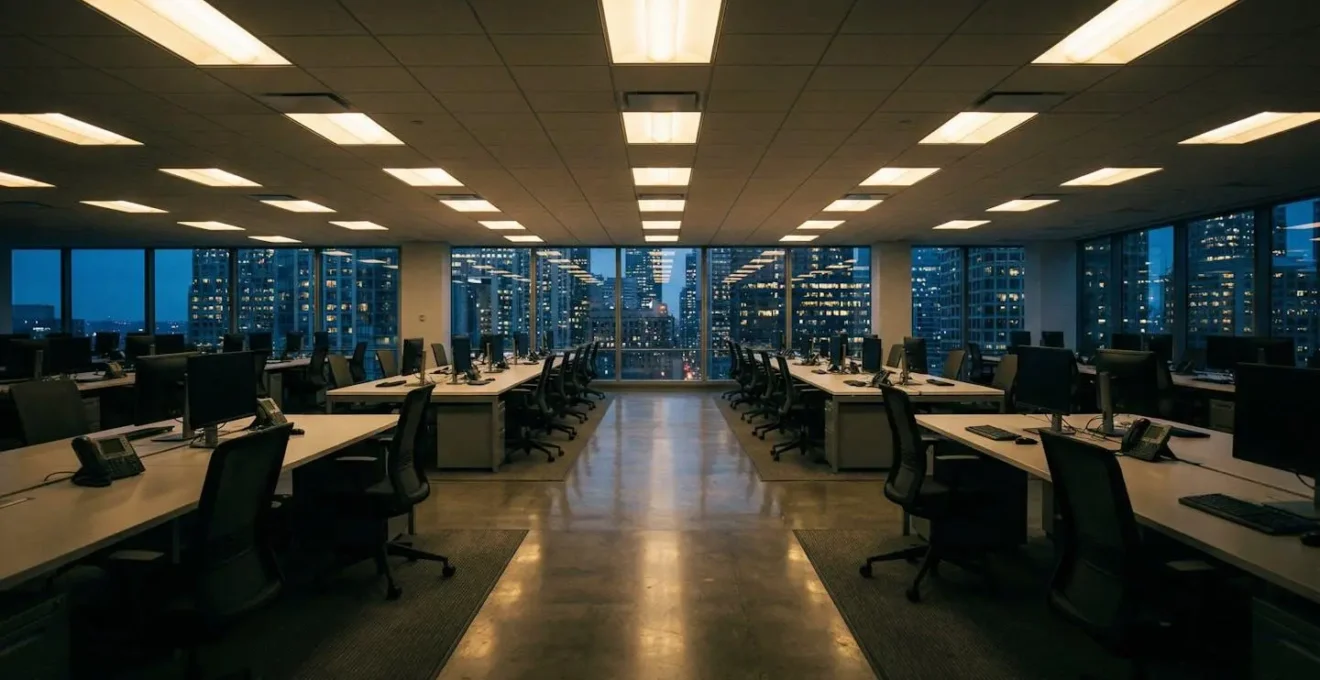 Espace de bureau vide mais maintenu, symbolisant les frais fixes qui continuent