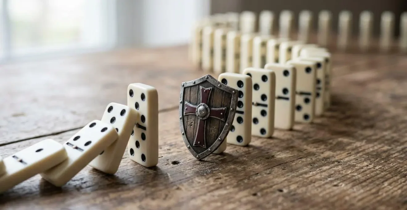 Macro photographique d'un bouclier miniature protégeant des dominos prêts à tomber
