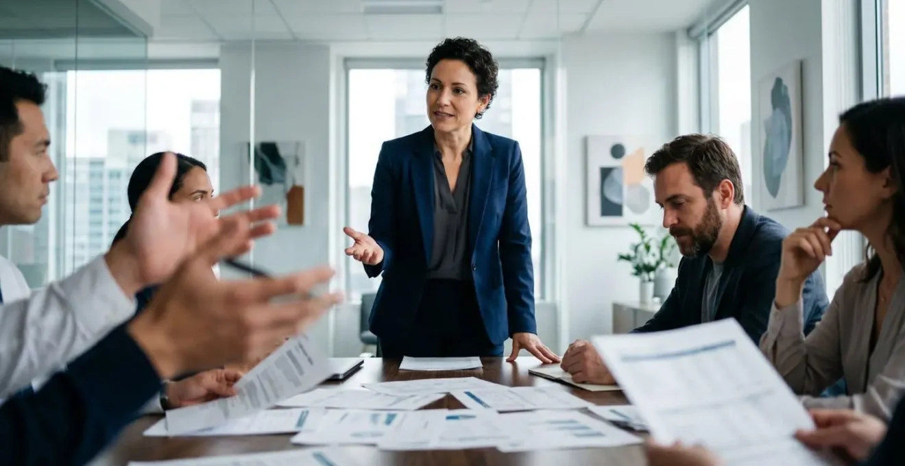 Salle de réunion moderne avec équipe de direction autour d'une table et documents financiers