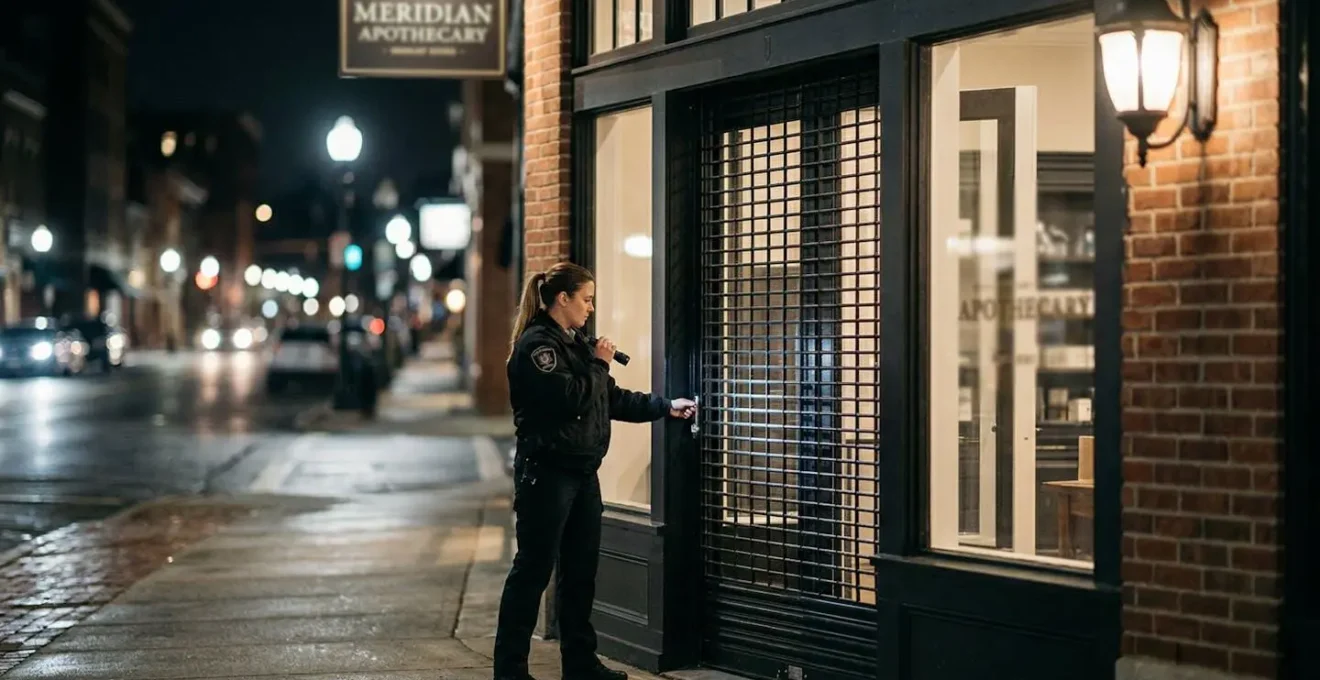 Vue nocturne d'une devanture commerciale sécurisée avec éclairage architectural
