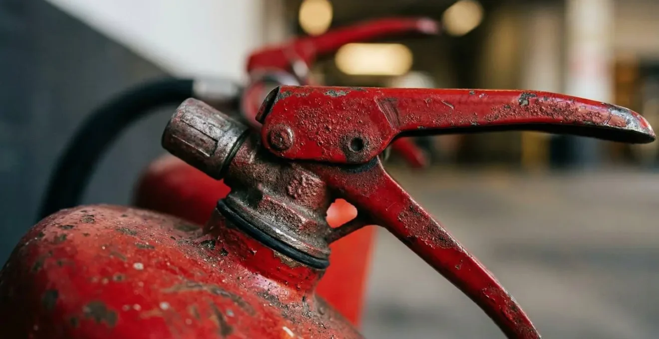 Macro détaillée d'équipements de sécurité incendie dans un environnement commercial