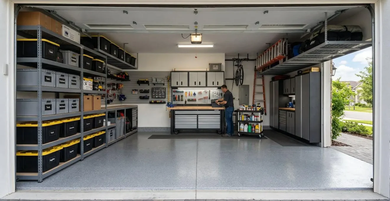Vue grand angle d'un garage domestique transformé en espace de stockage professionnel