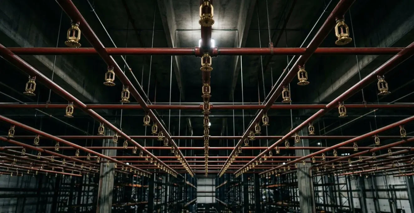 Vue en contre-plongée d'un système de sprinklers installé dans un entrepôt industriel moderne