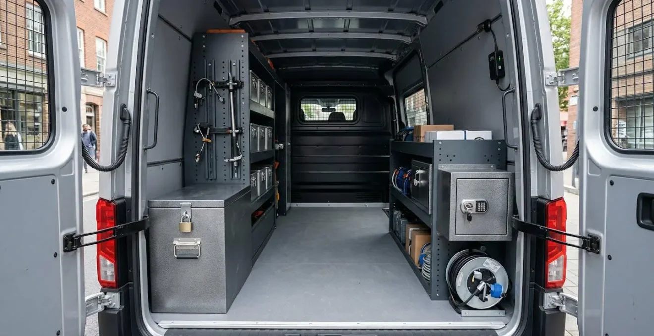 Système de rangement sécurisé avec coffres verrouillés dans un véhicule utilitaire