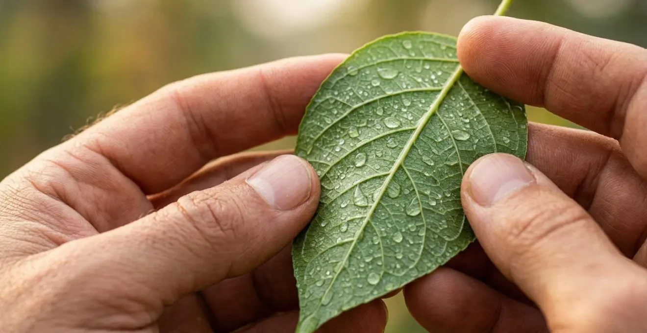 Gros plan macro sur des mains tenant délicatement une feuille verte, symbolisant le soin et la prévention