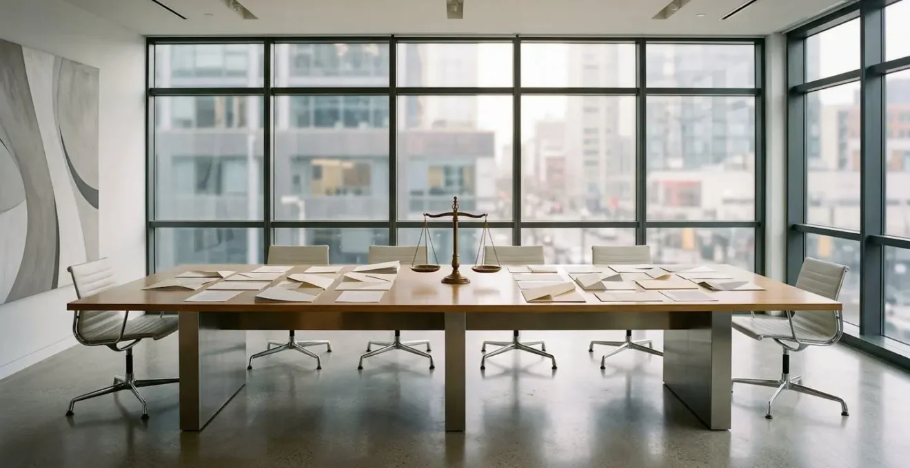 Bureau d'avocat moderne avec balance de justice et documents de défense